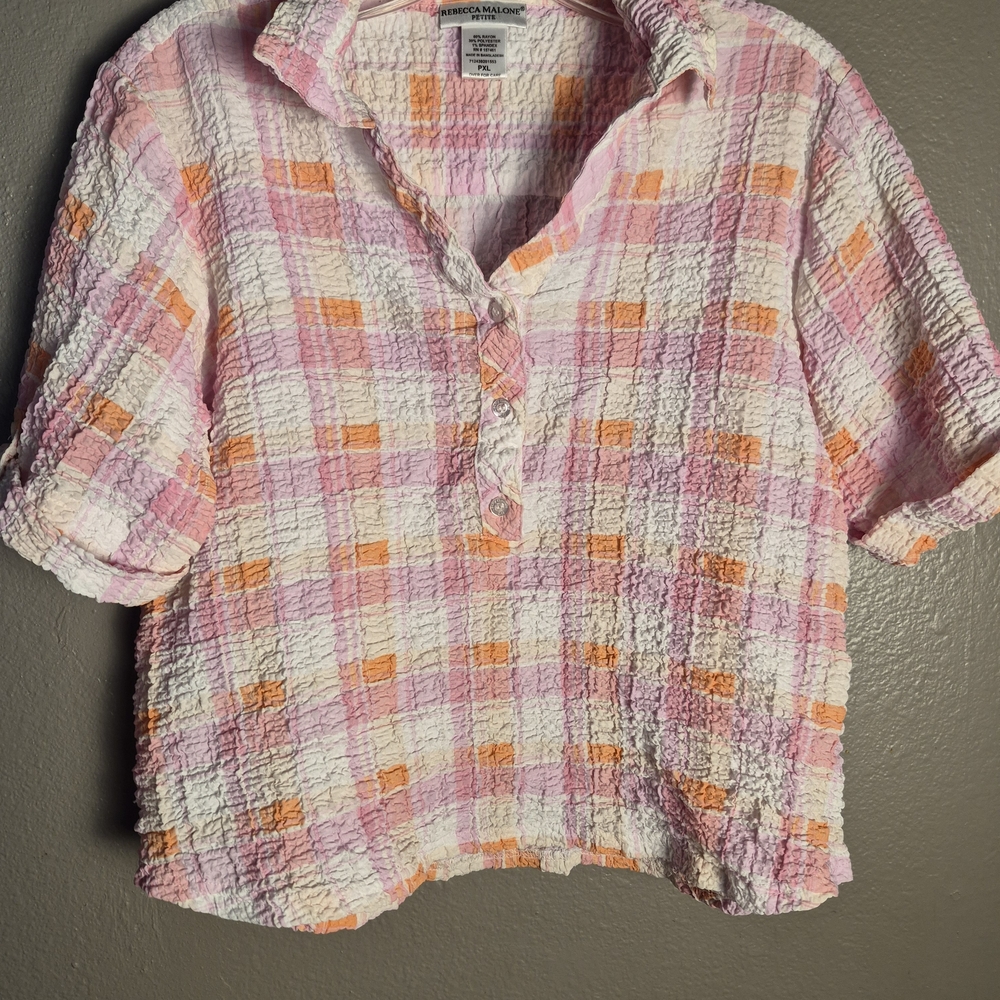 Rebecca Malone Pink, Orange & White Crinkled Plaid Button-Down Top